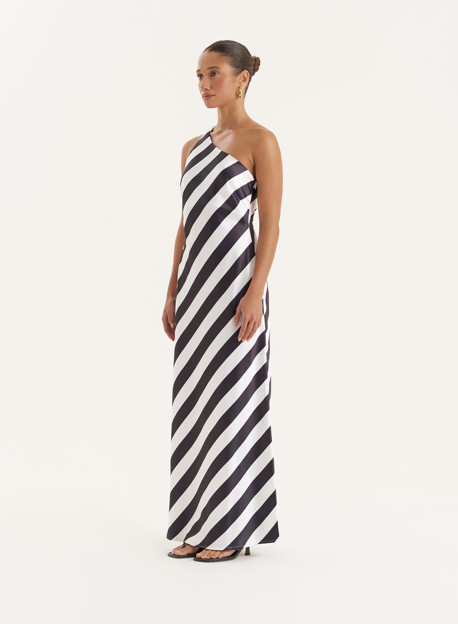 Stripe Print Satin One Shoulder Maxi Dress